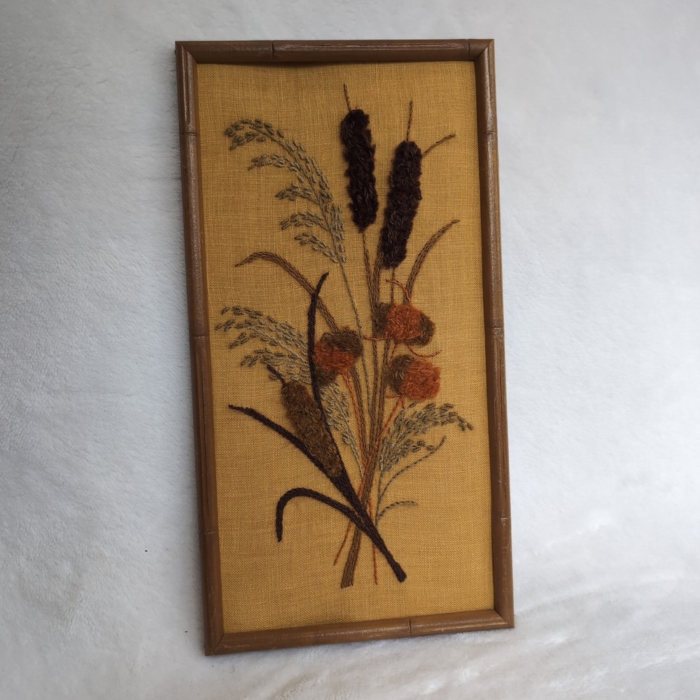 Vintage 70s Crewel Embroidery Wall Fiber Art Cattails Wildflowers Faux Bamboo